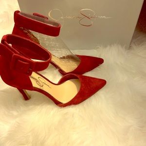 Red suede heels, worn once